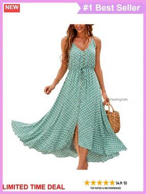 Boho Sundress Spaghetti Strap V-Neck Flowy Midi Dress Summer Vacation